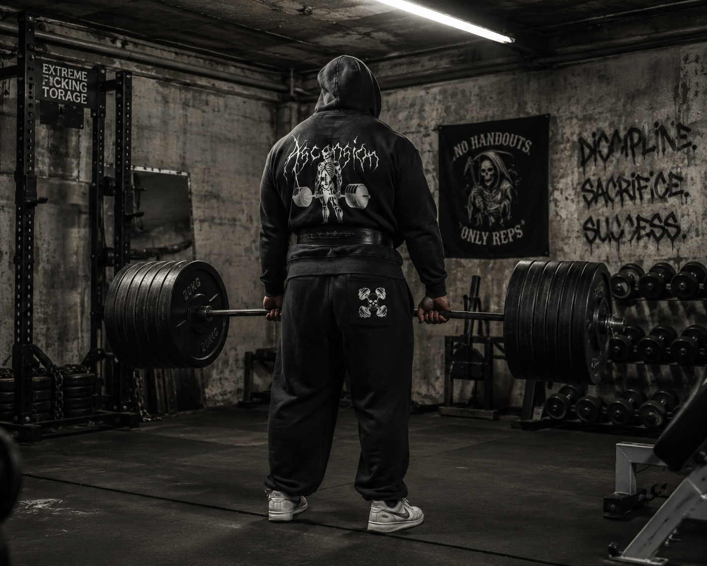 Ascension — hooded lifter under heavy iron